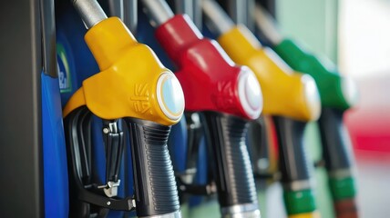 Close-up of colorful fuel nozzles at gas station pump