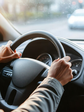 Driver holding the steering wheel while navigating through traffic