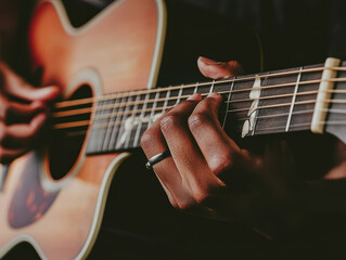 Musician strumming an acoustic guitar with focus on hands