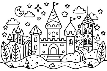 Fototapeta premium Enchanted Castle Coloring Page with Night Sky Elements