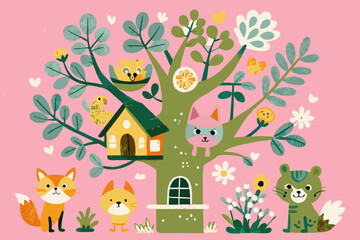 Naklejka premium Whimsical Animal Friends in a Colorful Fantasy Tree Illustration