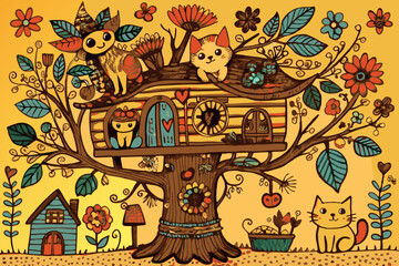 Whimsical Autumn Treehouse Illustration with Playful Cats and Owls
