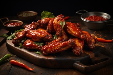 Plate of spicy BBQ chicken wings with dipping sauce