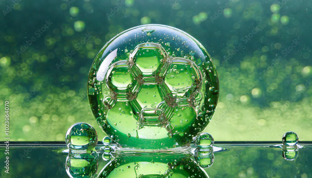 Poster a close-up of a green bubble showcasing intricate hexagonal structures with sparkling water droplets