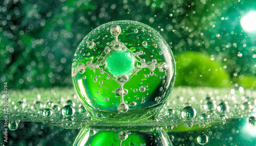 Poster a vibrant green orb surrounded by bubbles glimmers under soft light in a tranquil setting showcasing