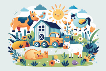 Naklejka premium Vibrant Farm Scene with Cartoon Animals and Tractor Illustration