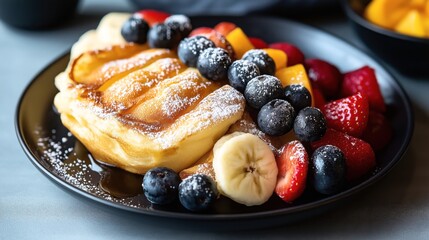 Fluffy pancakes topped with powdered sugar, blueberries, banana slices, strawberries, and peach slices on a dark plate - Powered by Adobe