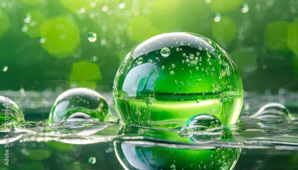 Poster a large green bubble surrounded by smaller bubbles resting on a shimmering surface with bright green