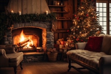 Fototapeta premium Cozy Swedish home interior with Christmas tree