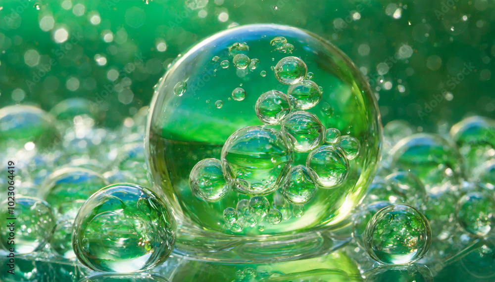 Aufkleber enchanting green bubbles floating in a translucent sphere against a shimmering backdrop of nature