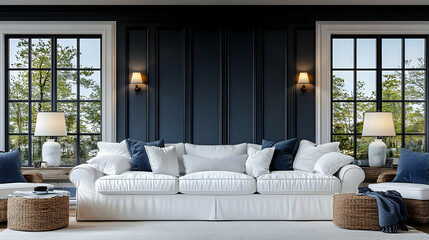 Cozy living room with white sofa and blue accents, inviting atmosphere.