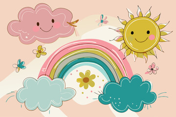 Cheerful Rainbow and Smiling Weather Characters Illustration