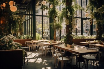 Interior of a modern empty cafe in New York during spring