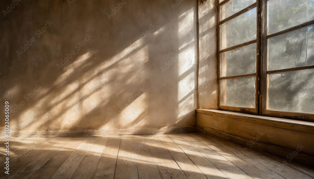 Poster Sunlight casting soft shadows across a rustic wooden floor beside an open window in an empty room