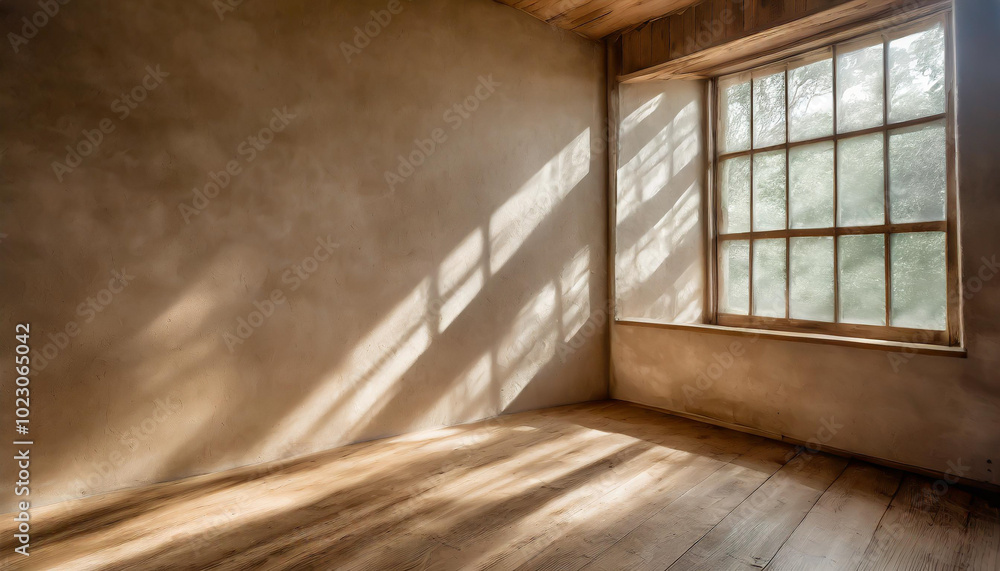 Aufkleber sunlight streaming through a rustic window in a bare room with wooden floors during the afternoon in