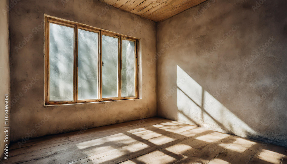Poster sunlight streams through a large window in a minimalistic room with rustic walls and wooden flooring