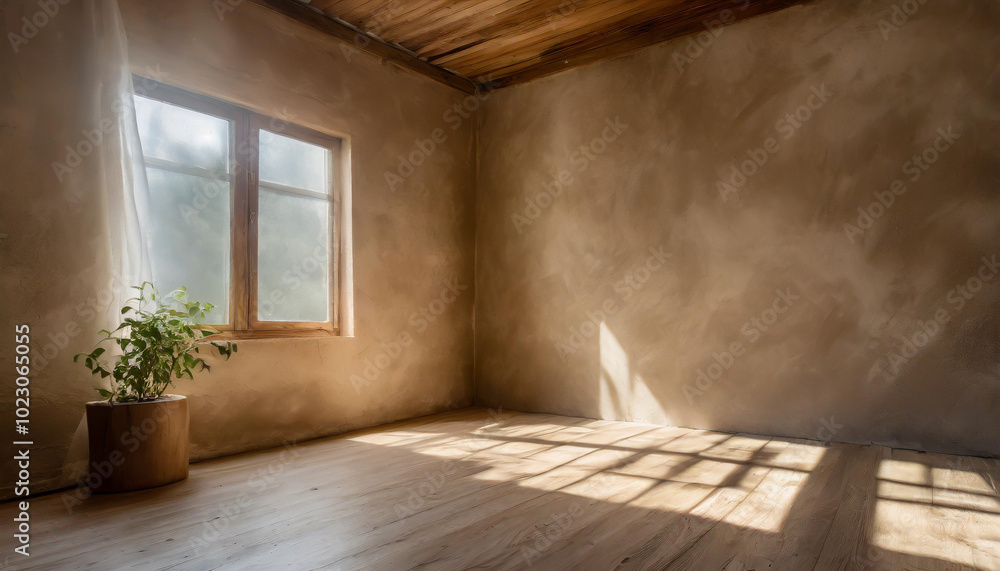 Poster sunlight streaming into a rustic room with a potted plant near the window in a serene setting