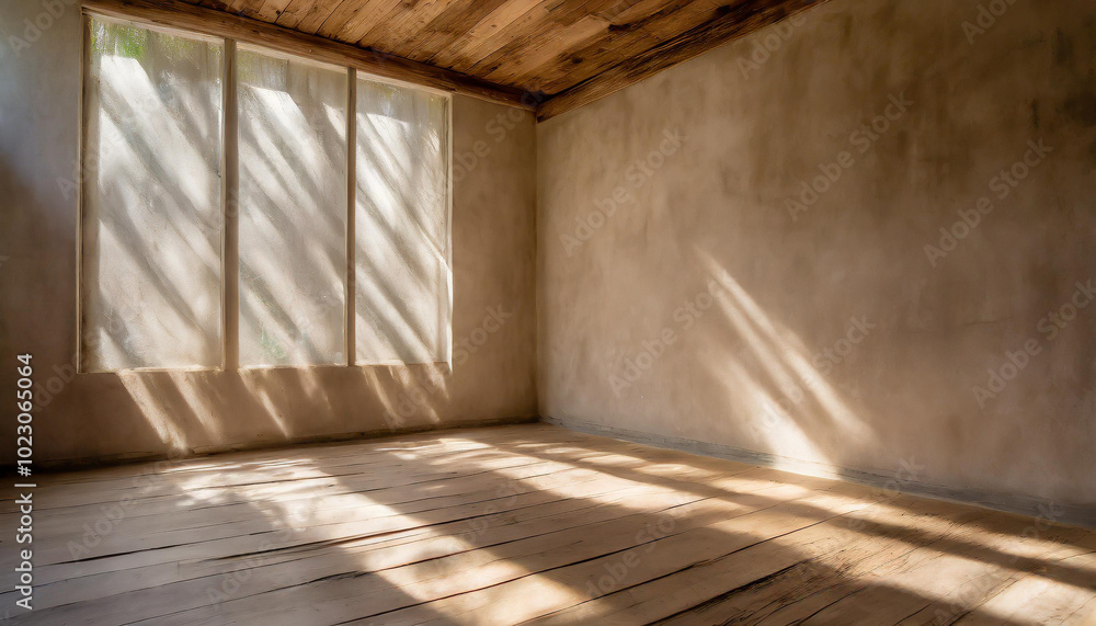 Poster sunlight streaming through windows creates shadows in an empty room with wooden floors