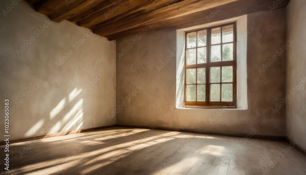 Poster a sunlit empty room with wooden beams and a large window in a rustic building during the day