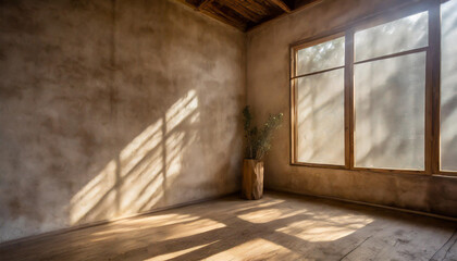 A serene room with natural light casting shadows from large windows in a minimalist space