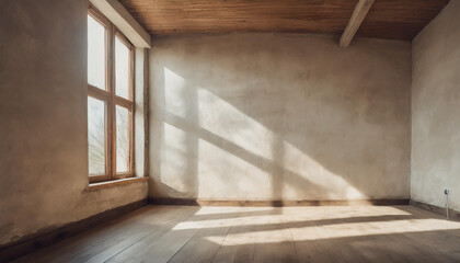 Bright sunlight casts shadows in an empty room with wooden floors and windows showcasing a serene atmosphere in midday