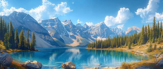 Serene mountain landscape with a tranquil lake and lush greenery under a clear blue sky.