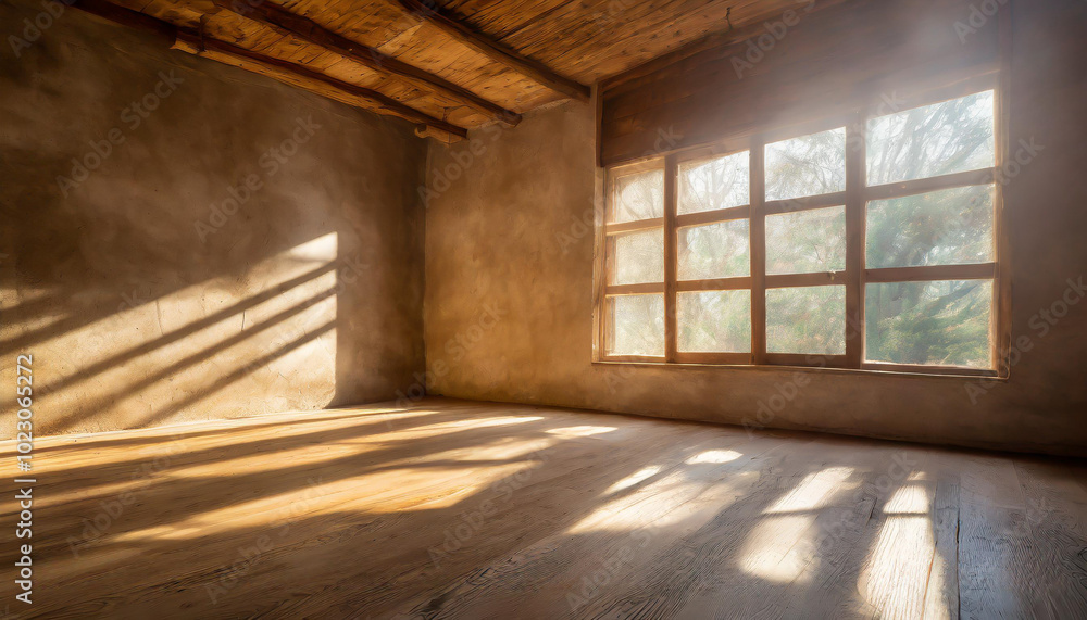 Poster natural light streams through a large window in a rustic room with wooden floors and textured walls 