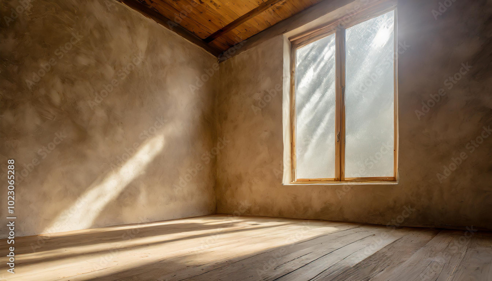 Poster sunlight streaming through a window in a rustic room with wooden flooring and minimalist design in t