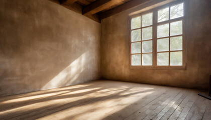 Sunlight streaming through a large window highlights a rustic interior with wooden floors and clay walls during the early afternoon
