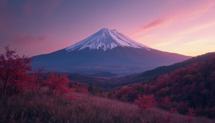 Mount Fujisan View With Autumn Colors And Vibrant Sky