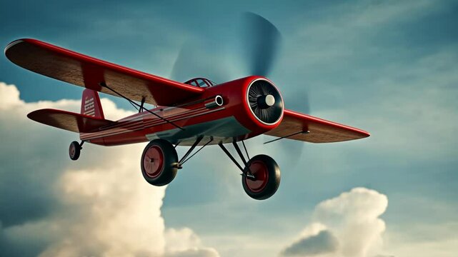 A red biplane flies through a blue sky with fluffy white clouds