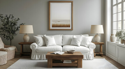 Cozy living room with neutral tones and natural decor elements.