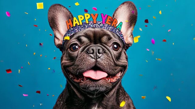 A black French bulldog with a Happy Year headband smiles at the camera while confetti falls around it