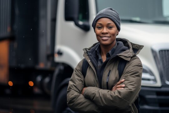 Portrait of a African American female middle aged body positive truck driver