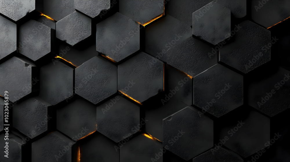 Poster abstract black hexagonal pattern with glowing edges.