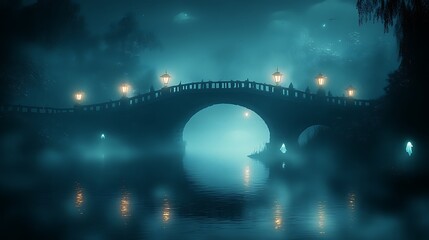 Fototapeta premium A foggy bridge at night, cartoon style, with glowing lanterns illuminating the mist. Ghostly apparitions float along the bridge and hover above the dark river below,