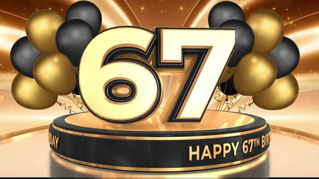 67 years, 67th birthday loop, looped video background, backdrop in 3D Gold with balloons

