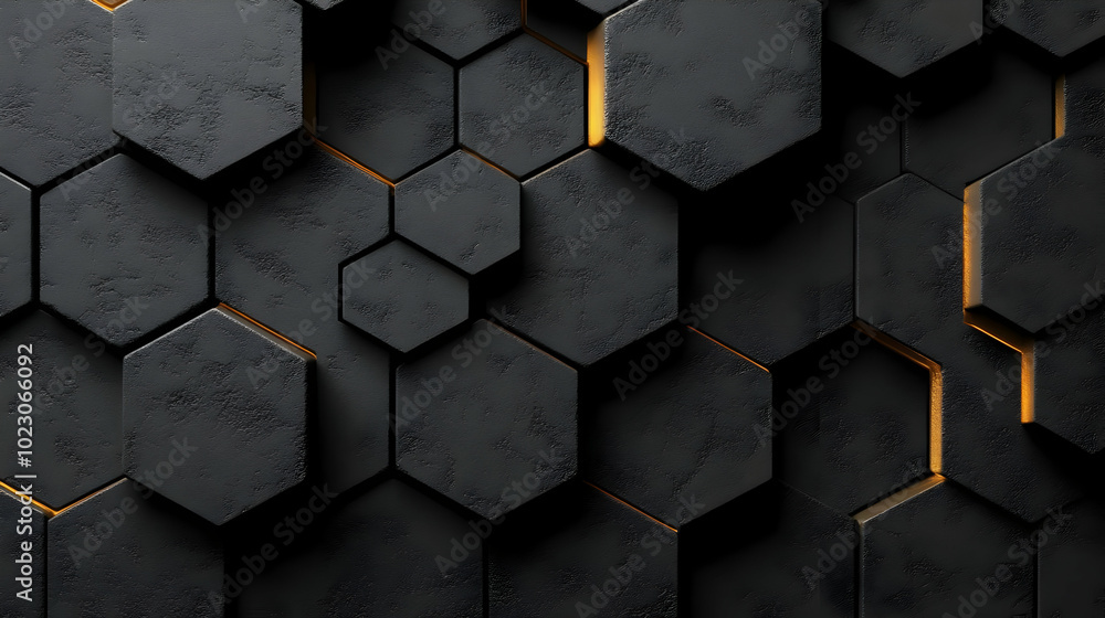 Poster abstract hexagonal pattern with glowing edges on a dark background.