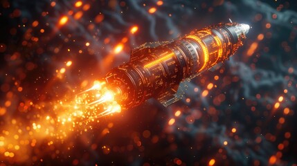 a gleaming golden rocket with cryptocurrency coins like Bitcoin against a backdrop of rising and falling stock candles in a dark