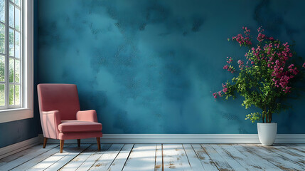 Cozy interior with a blue wall, a pink chair, and a plant.