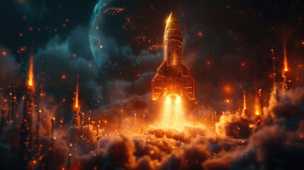 a gleaming golden rocket with cryptocurrency coins like Bitcoin against a backdrop of rising and falling stock candles in a dark