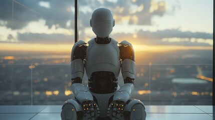 AI robot waiting for a job interview, office building