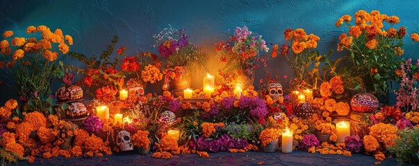 Fototapeta premium Vibrant floral altar filled with marigolds and candles, celebrating life's beauty and memories during a festive occasion.