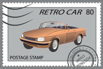 Postage stamp with an image of an old car. Vector.