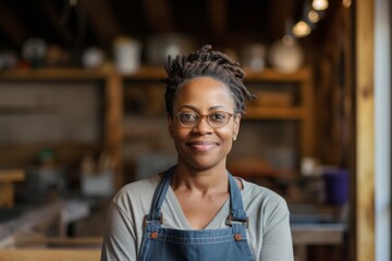 Fototapeta premium Portrait of a middle aged African American female carpenter in shop