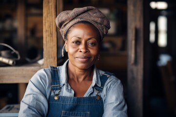 Portrait of a middle aged African American female carpenter in shop