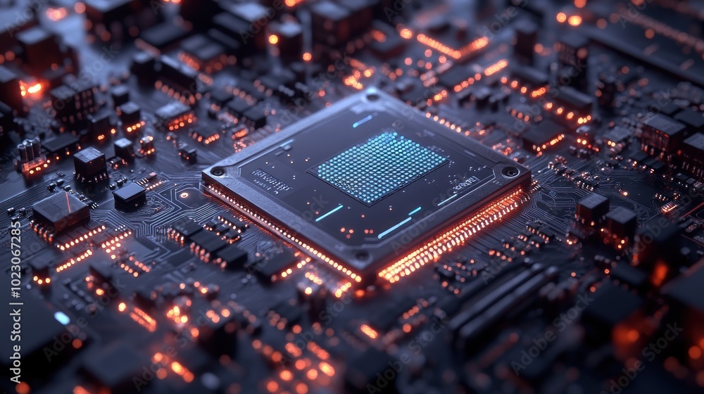 Aufkleber close-up of a processor chip on a motherboard with illuminated circuitry