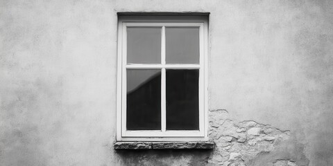 A classic window set against a textured wall, showcasing a simple yet striking architectural detail in monochrome.