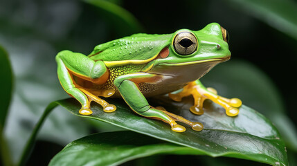 Fototapeta premium Close-up of a vibrant green tree frog with yellow and orange markings, sitting on a leaf with a blurred natural background.