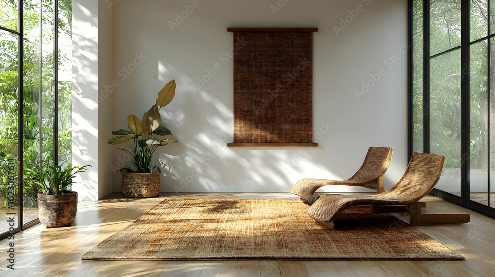 Sticker Modern interior with natural light, plants, and minimalist furniture.